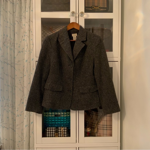 L.L.Bean Classic Herringbone Wool And Silk Grey Blazer Jacket Size M - Picture 2 of 9